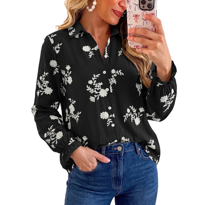 Boho Floral Embroidered Long Sleeve Blouses for Women Dressy Casual