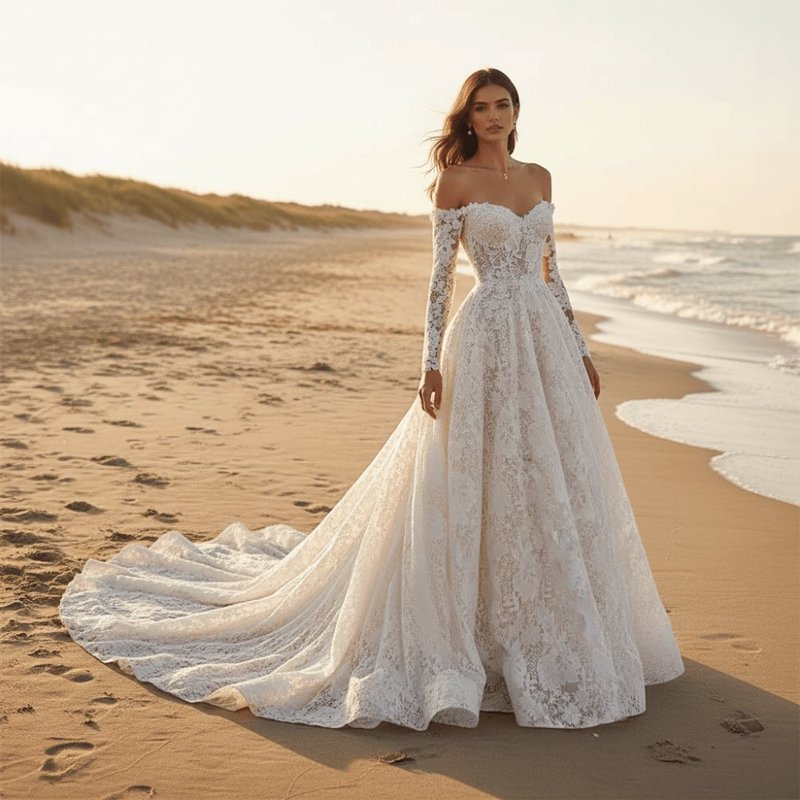 Romantic Off-the-Shoulder Floral Lace Ball Gown Wedding Dress