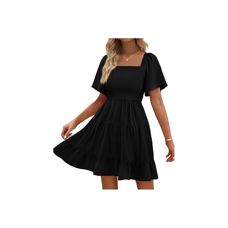 Dresses Women Square Neck Ruffle Sleeve Smocked Short Dress Casual Flared Sho...