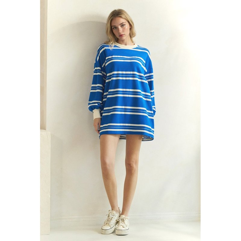 Veveret Coastal Breeze Stripe Sweatshirt Dress in Blue Combo