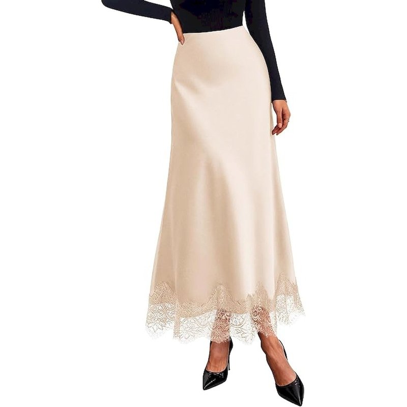 Lace Trim Satin Skirts for Women Elegant | High Waisted