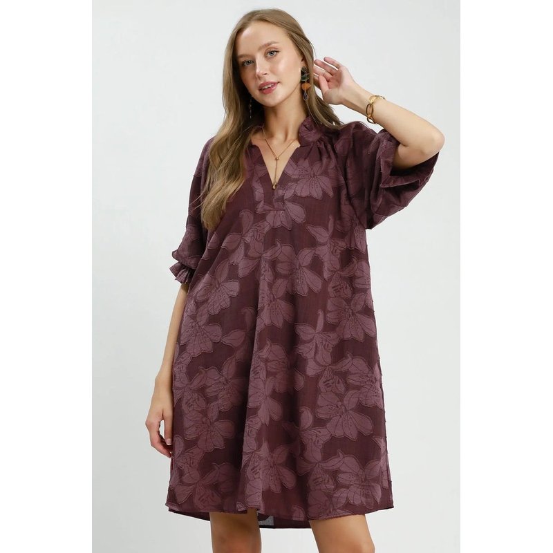 Umgee Floral Textured Jacqaurd V-Neck Dress in Maroon