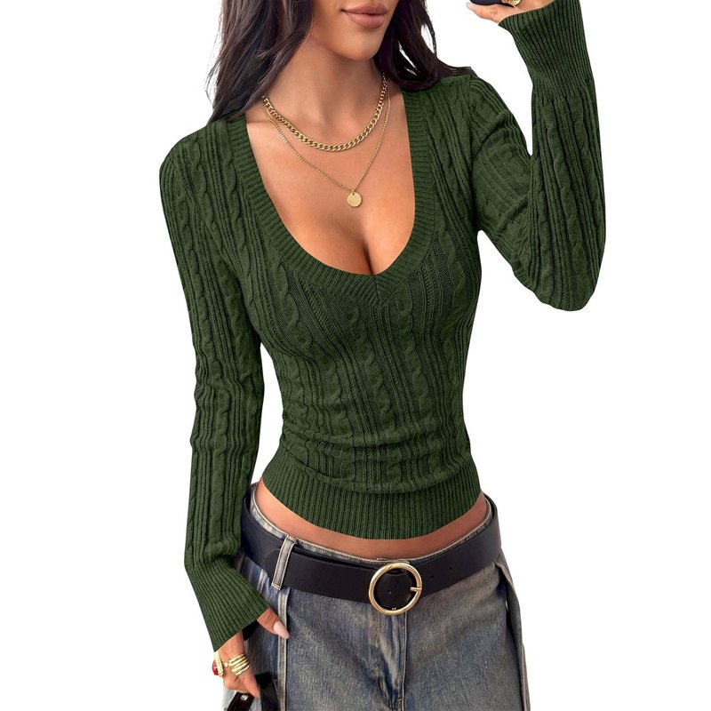 Womens Sweaters Cable Knit V Neck Long Sleeve Tops | Lightweight Ribbed Fitte...